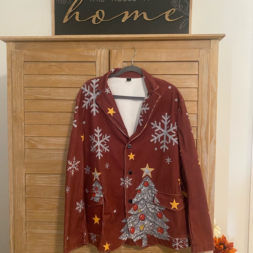 Festive brown, Blazer with Snowflake and Tree Design